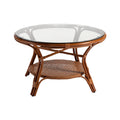 Round Rattan Coffee Table with Glass Top and Lower Shelf