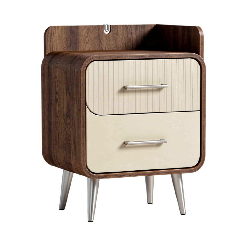 Modern Wooden Nightstand with Two Drawers and Metal Legs